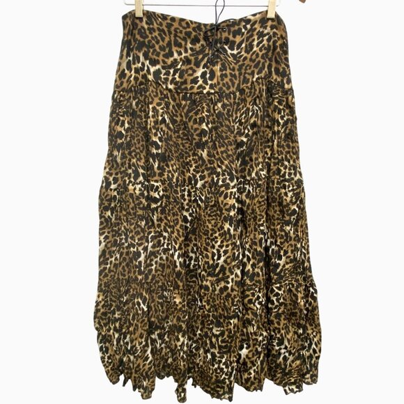 Western Boho Chic Cowgirl Multi Tiered Leopard Long Skirt Elastic Waist 12 VTG - Picture 9 of 11
